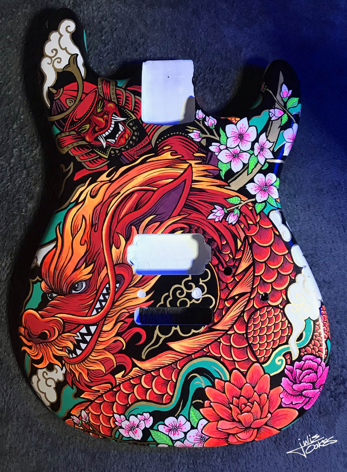 custom guitar with dragon samurai art