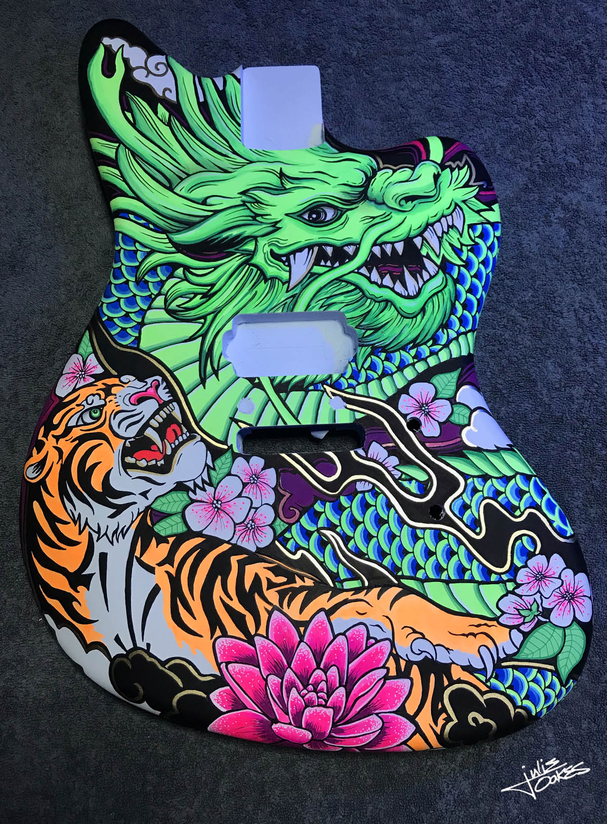 custom guitar with dragon tiger art